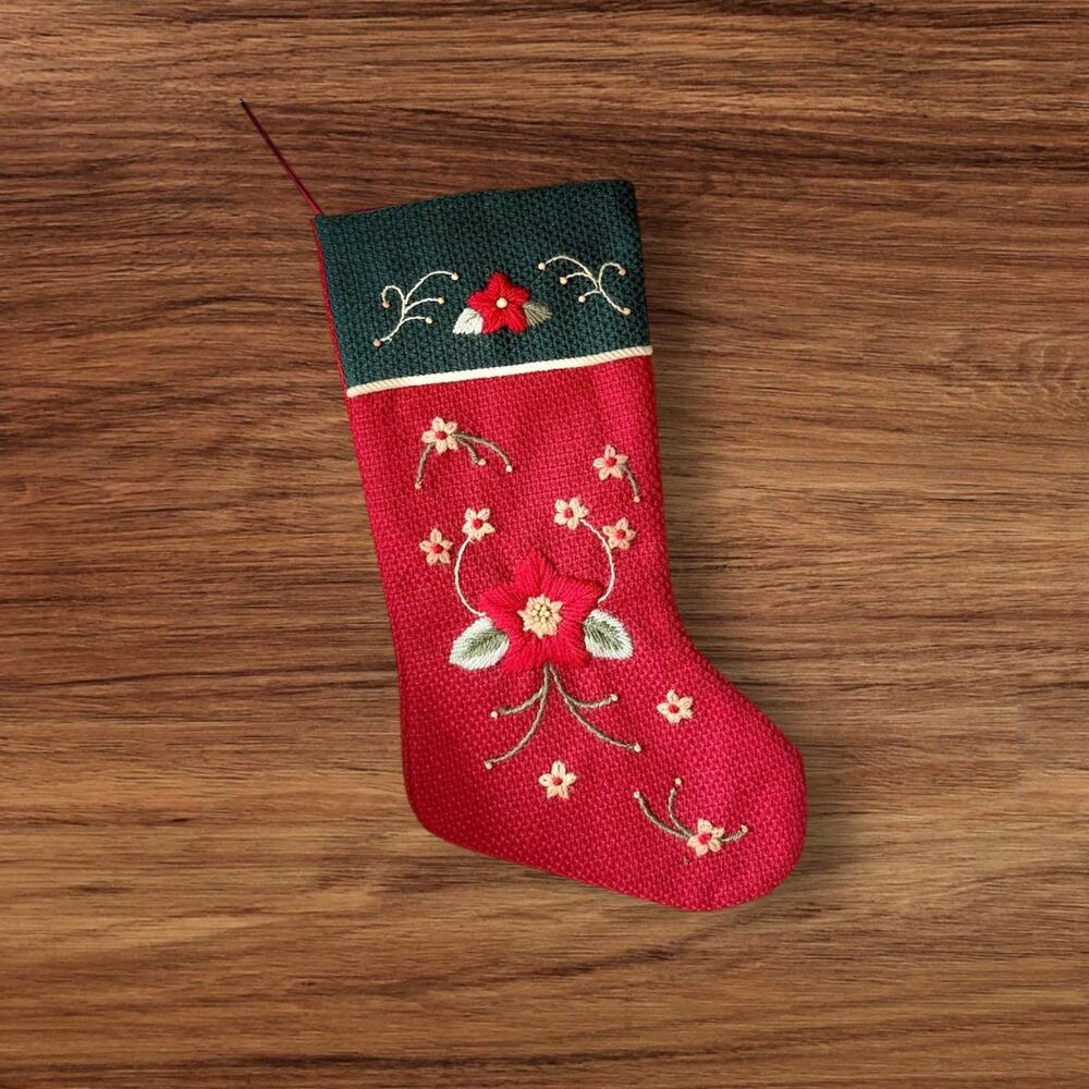 Vintage Christmas Stocking Prima Creations Red Green Floral Embroidery Primitive
